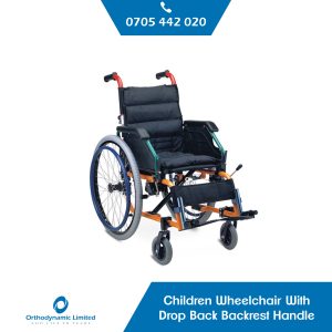 Children's wheelchair with drop back backrest handle
